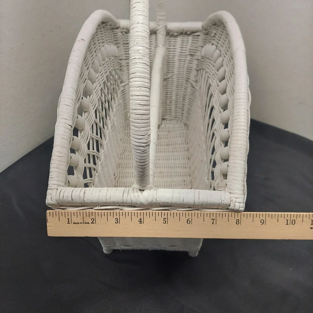 Vintage White Wicker Magazine Rack Basket with Handle Shabby Chic Decor